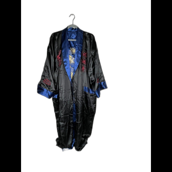 Men's Robe Kimono Reversible Embroidered Dragon Asian  Black & Blue No Belt - Picture 11 of 16